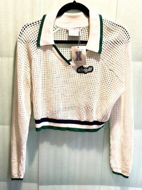 Savage X Fenty Cream Open-Knit Cropped PoloV-Neck Sweater with Green & Blue Trim